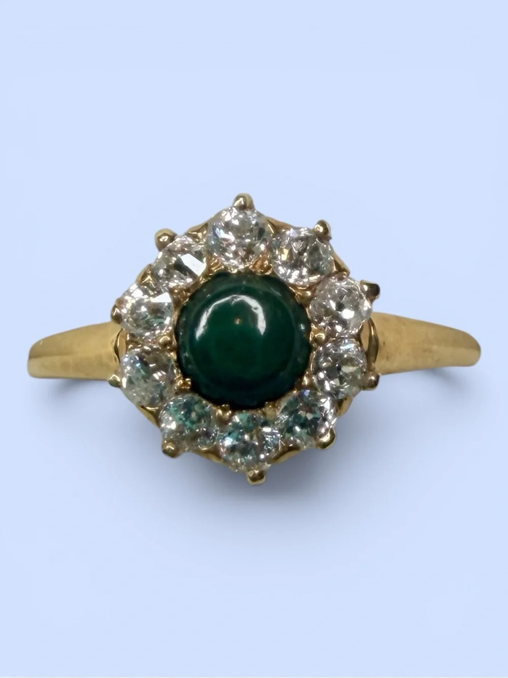 Old European Cut Diamonds .50ct & Jade Cabochon 14K Yellow Gold Ring‎ Estate VTG
